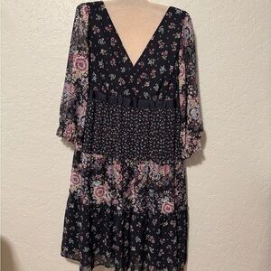 LOFT Black and Pink Floral Long Sleeve Dress